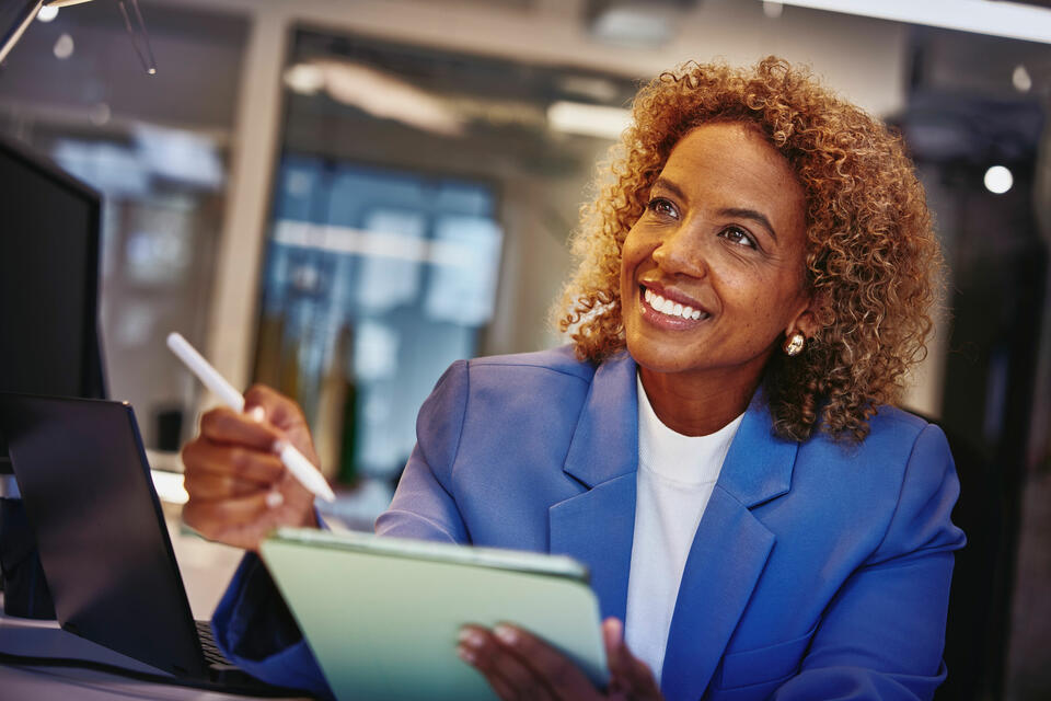 A woman smiling